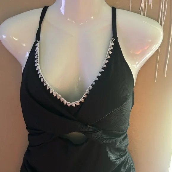 Black One-Piece Swimsuit with White Trim - Picture 3 of 13
